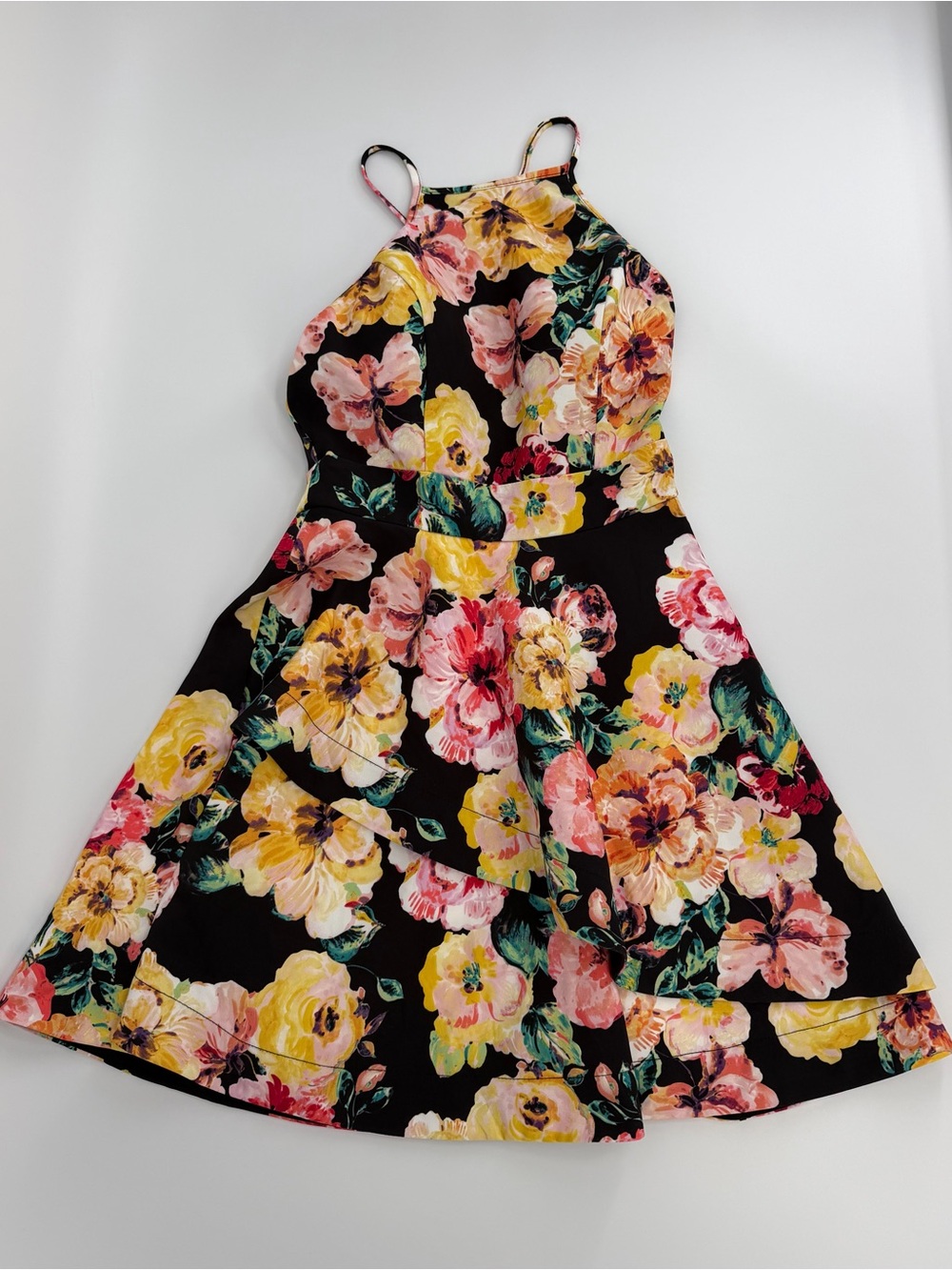Speechless Girls Black Floral Halter Dress - Yellow, Pink & Green